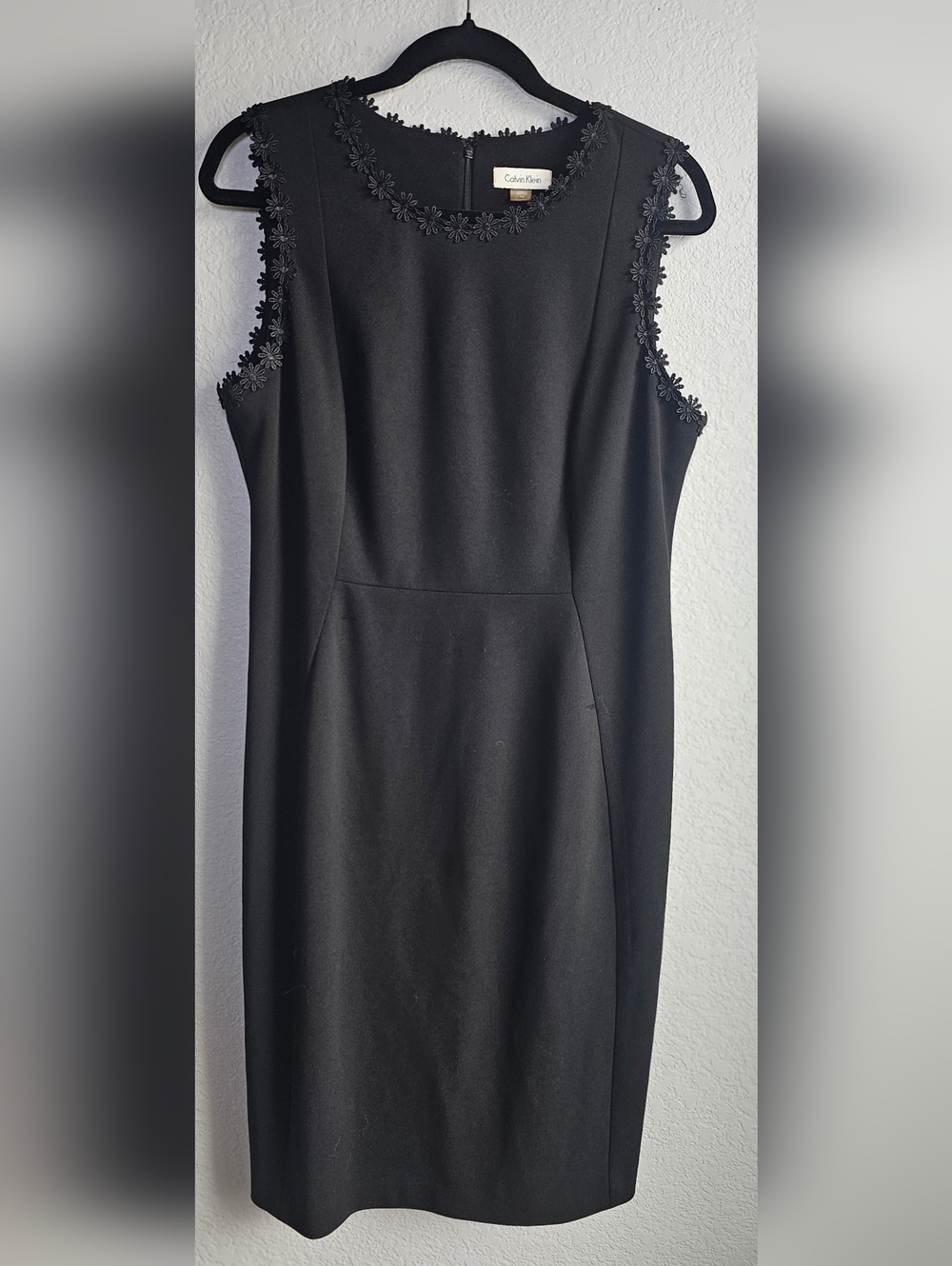 Calvin Klein Black Sheath Dress Size 12 Lace Trim Sleeveless Career Cocktail